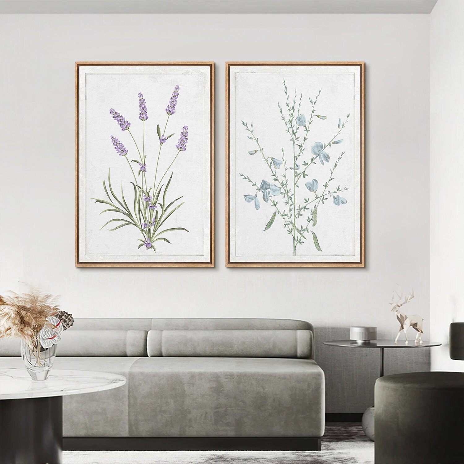2 Piece Framed Canvas Wall Art Set, Watercolor Wildflower Art