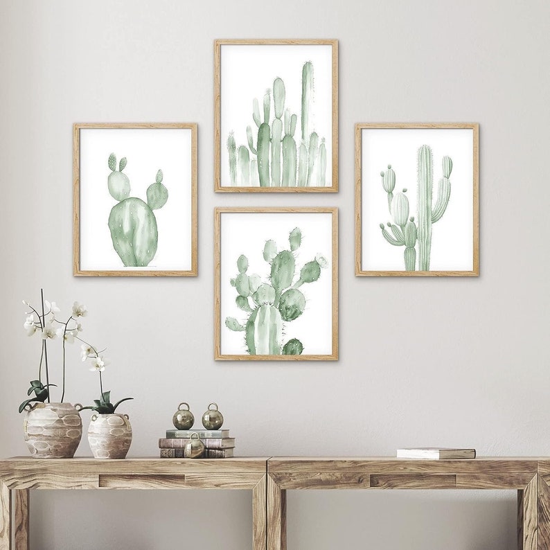 Set of 4 Framed Prints Wall Art Set, Green Southwest Desert Cactus Prins, Floral Botanical Prints, Minimalist Modern Art, Western Decor Wood