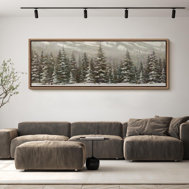 Large Framed Snowy Mountain Landscape Wall Art, Winter Pine Tree Forest ...