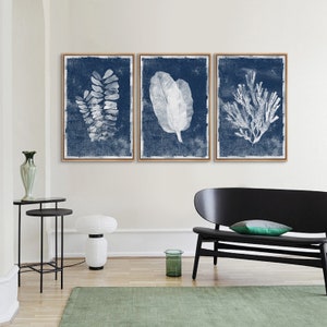 3 Piece Framed Canvas Wall Art Set Navy Blue Tropical Leaves Coastal ...