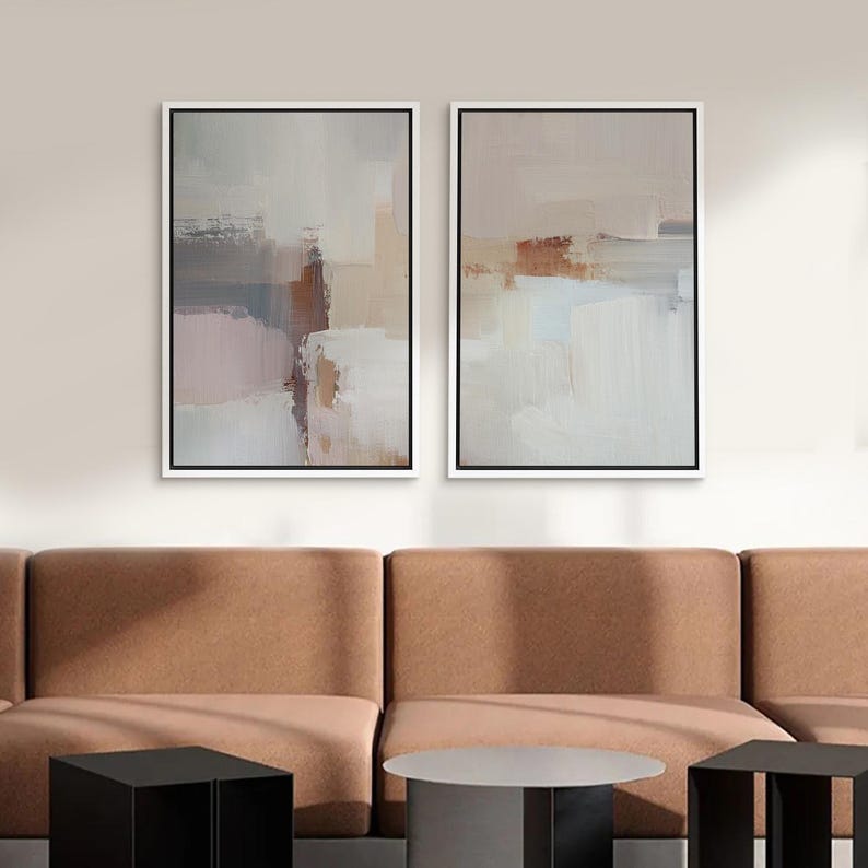 Framed Neutral Abstract Wall Art Set of 2, Soft Beige Minimalist Canvas ...