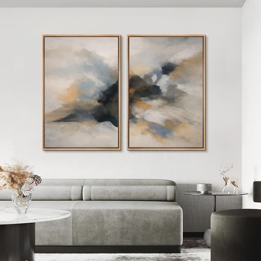 Framed Neutral Abstract Wall Art Set of 2, Moody Minimalist Canvas ...