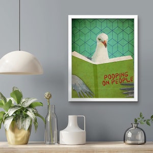 Framed Canvas Wall Art, Cute Pigeon Bird Animal Print, Funny Toilet Bathroom Humor Sign, Cheeky Laundry Artwork, Fun Gifts Trendy Home Decor Framed Print-White