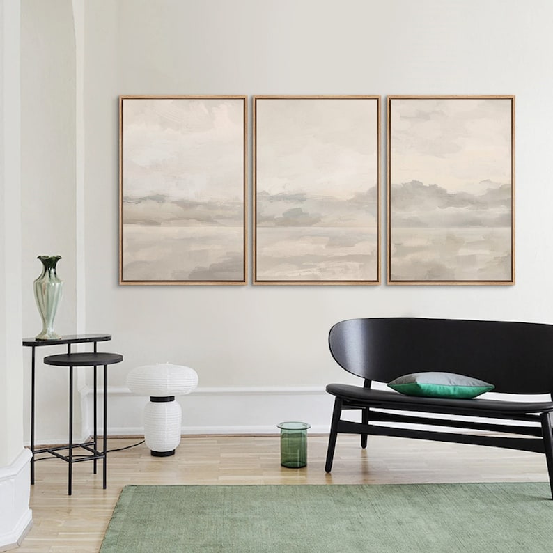 Framed Canvas Wall Art Set of 3 Abstract Beige Gray Art Prints Sky ...