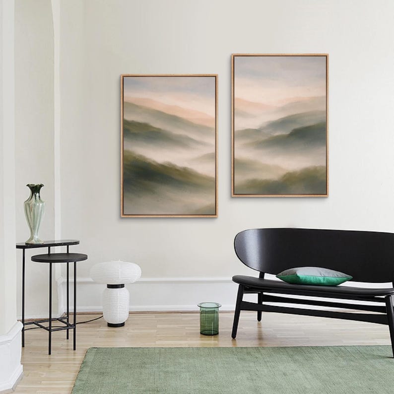 Framed Mist Mountain Wall Art Set of 2, Neutral Landscape Canvas Prints ...