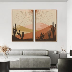 Framed Canvas Wall Art Set of 2, Cactus Desert Landscape, Southwest Desert Landscape, Botanical Print, Mid Century Modern Boho Decor