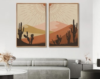 Framed Canvas Wall Art Set of 2, Cactus Desert Landscape, Southwest Desert Landscape, Botanical Print, Mid Century Modern Boho Decor