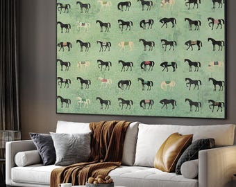 Cuadro de pared extragrande con diseño de caballo, estampado de animales verdes, decoración contemporánea para sala de estar.