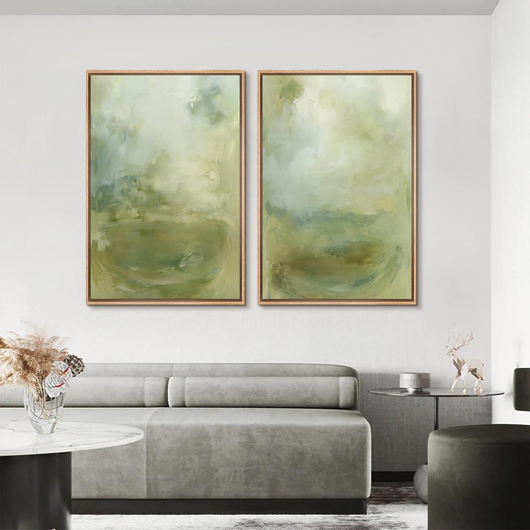 Sage Green Abstract Wall Art Set of 2 - Framed Minimalist Canvas Prints ...