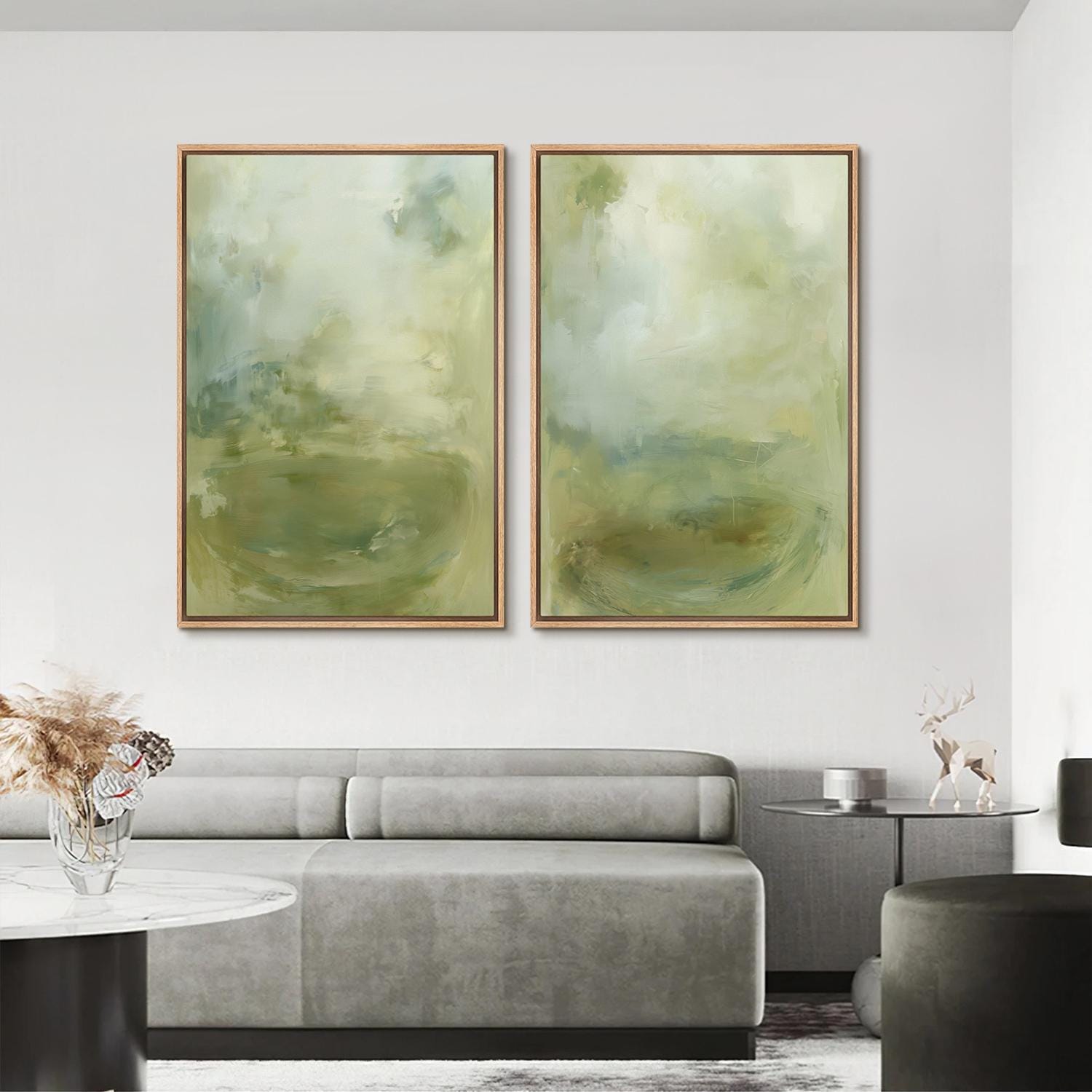 Sage Green Abstract Wall Art Set of 2 - Framed Minimalist Canvas Prints ...