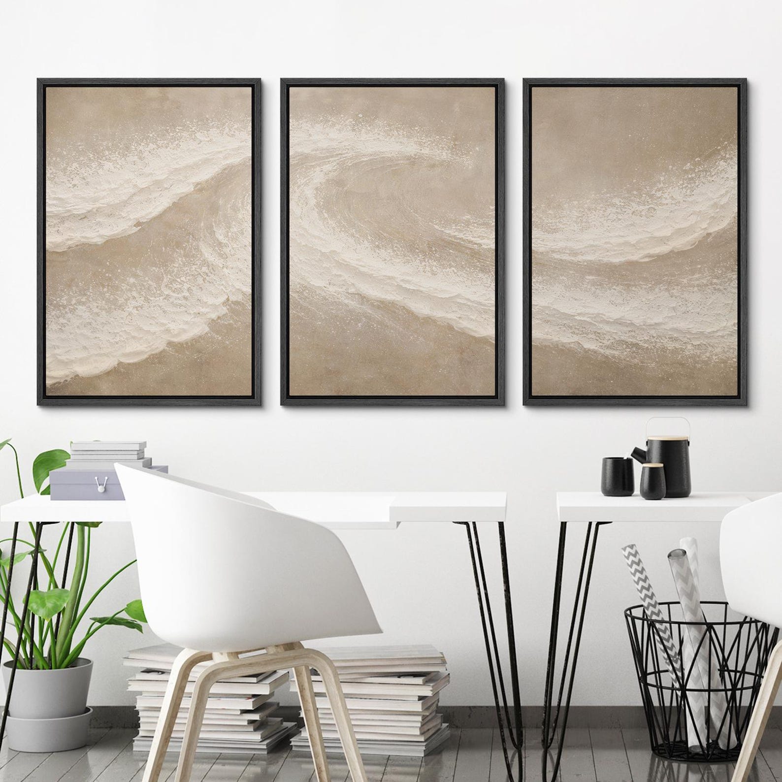 Framed Neutral Abstract Wave Wall Art Set of 3, Minimal Coastal Canvas ...
