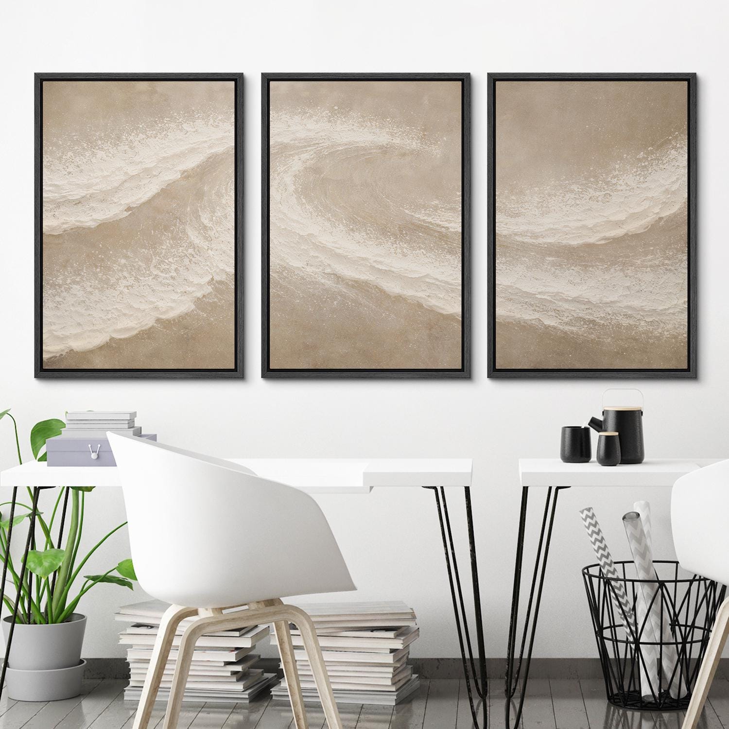 Framed Neutral Abstract Wave Wall Art Set of 3, Minimal Coastal Canvas ...