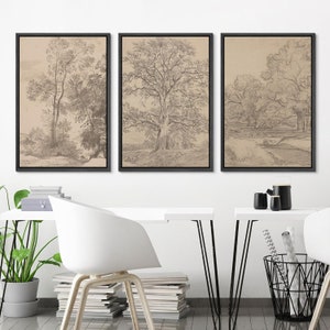 Framed Canvas Wall Art 3 Pieces, Oak Tree Sketch Forest Print Set, Neutral Vintage Artwork Gift, Modern Organic Farmhouse Country Decor Bild 2