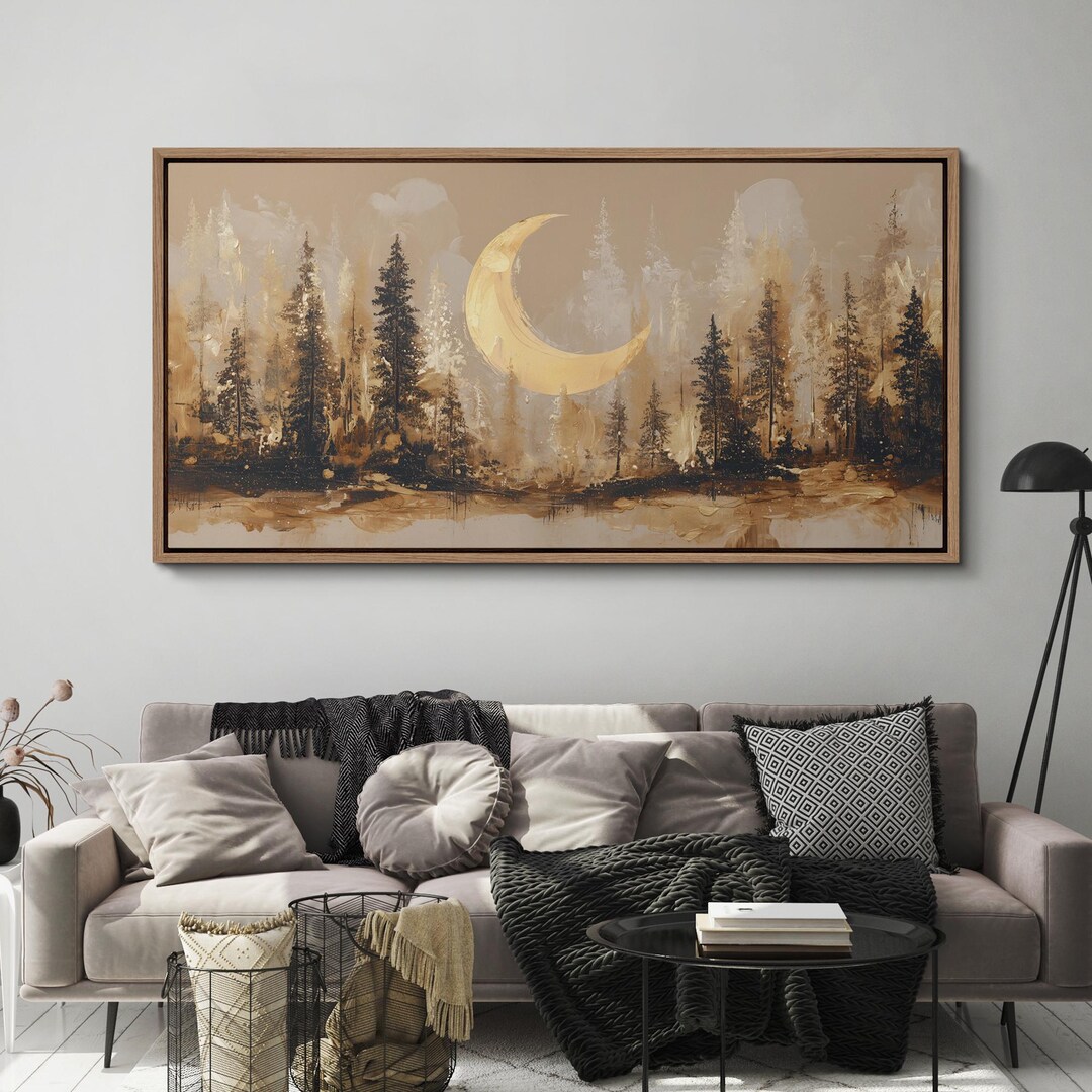 Large Framed Moon Forest Wall Art, Crescent Moon Landscape Canvas Print ...
