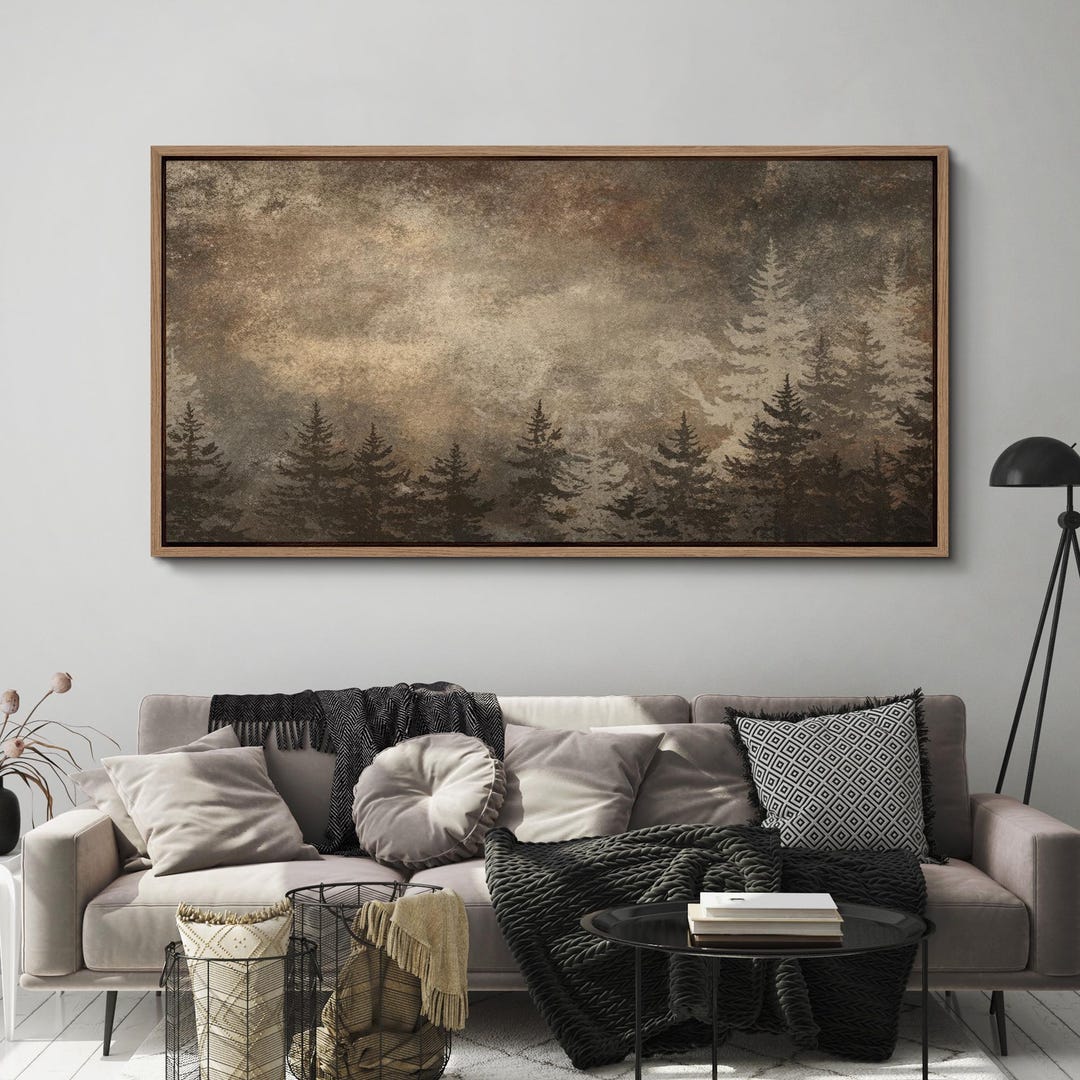 Large Framed Abstract Misty Pine Trees Wall Art, Moody Forest Landscape ...