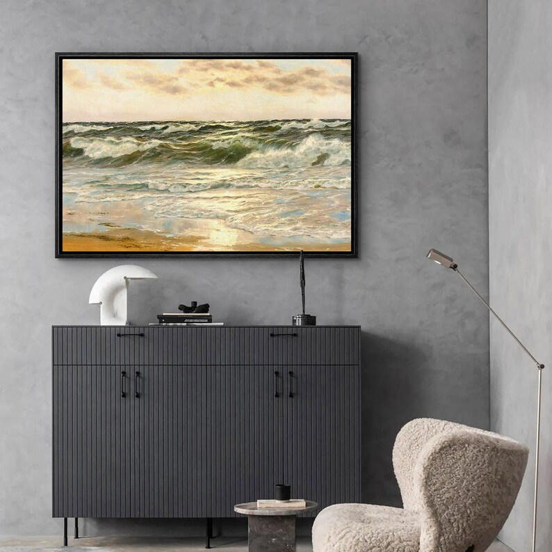 Framed Canvas Wall Art Sunset on Ocean Beach Shore Sea Green Waves ...