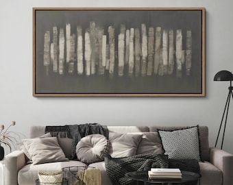 Large Framed Neutral Abstract Line Wall Art, Modern Minimalist Vertical Stroke Canvas Print, Contemporary Decor for Living Room