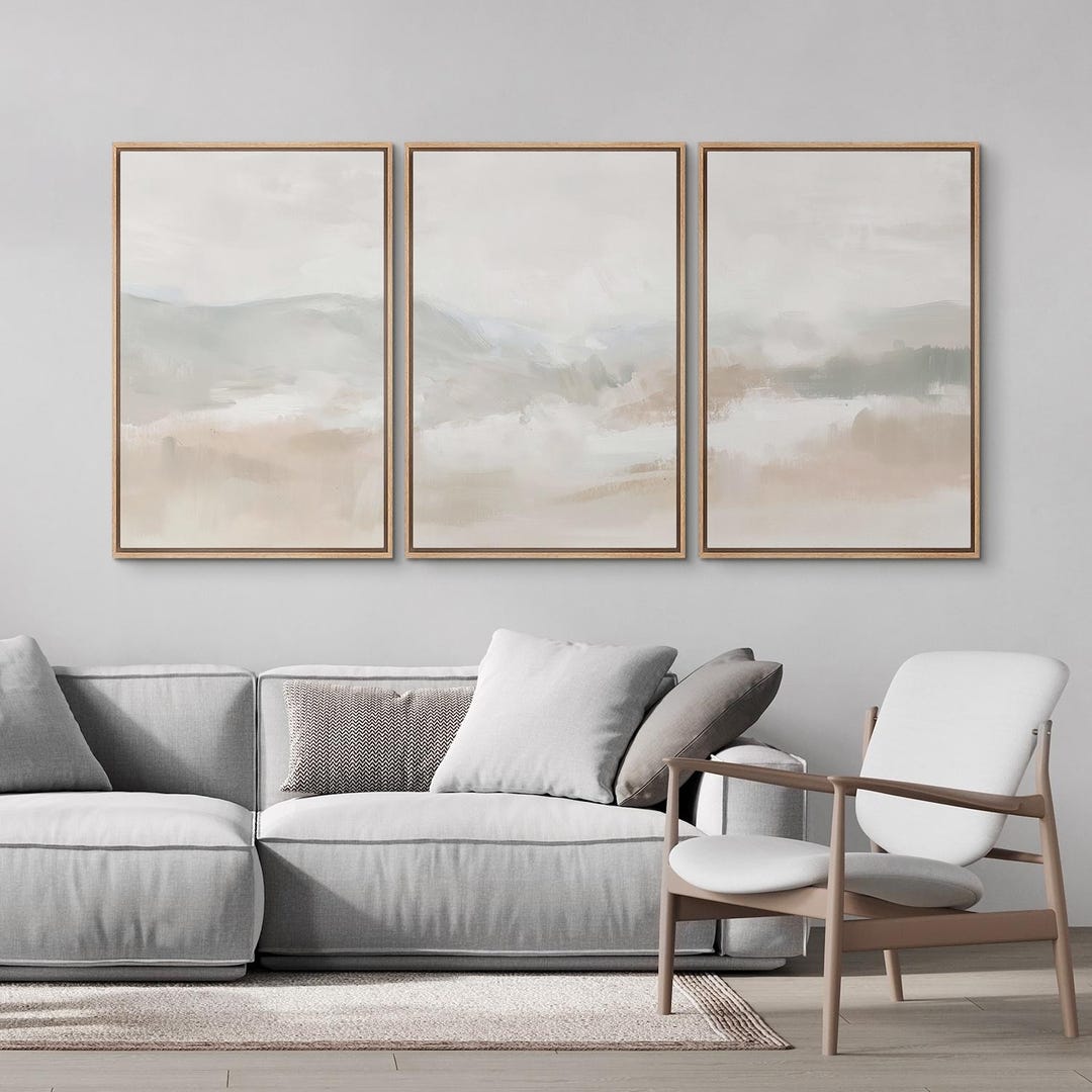 Framed Neutral Abstract Wall Art Set of 3, Soft Beige & Grey Minimalist ...