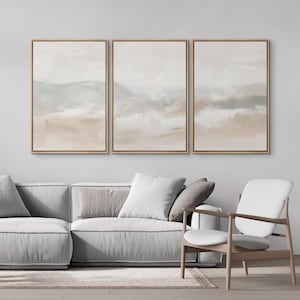 Framed Neutral Abstract Wall Art Set of 3, Soft Beige & Grey Minimalist Landscape Canvas Prints, Modern Calm Decor for Bedroom