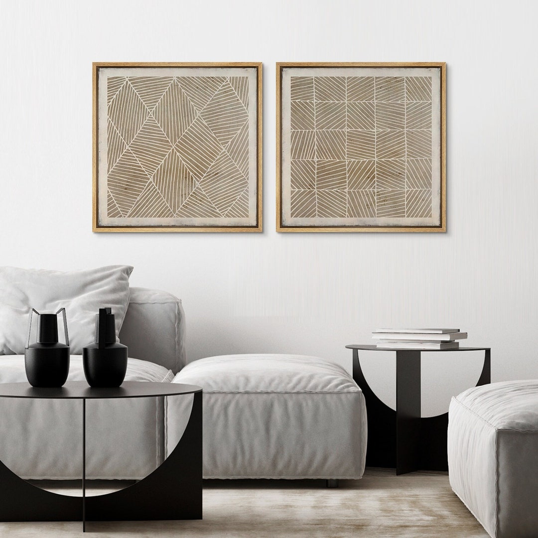Framed Canvas Wall Art Set of 2 Abstract Beige Brown Line Painting