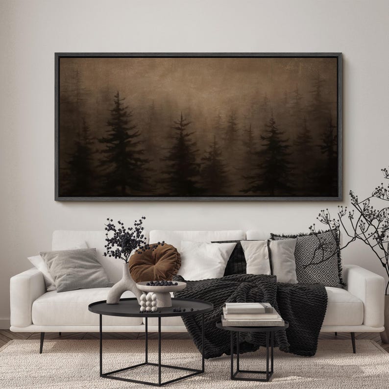Large Framed Moody Misty Forest Wall Art, Dark Pine Trees Landscape ...