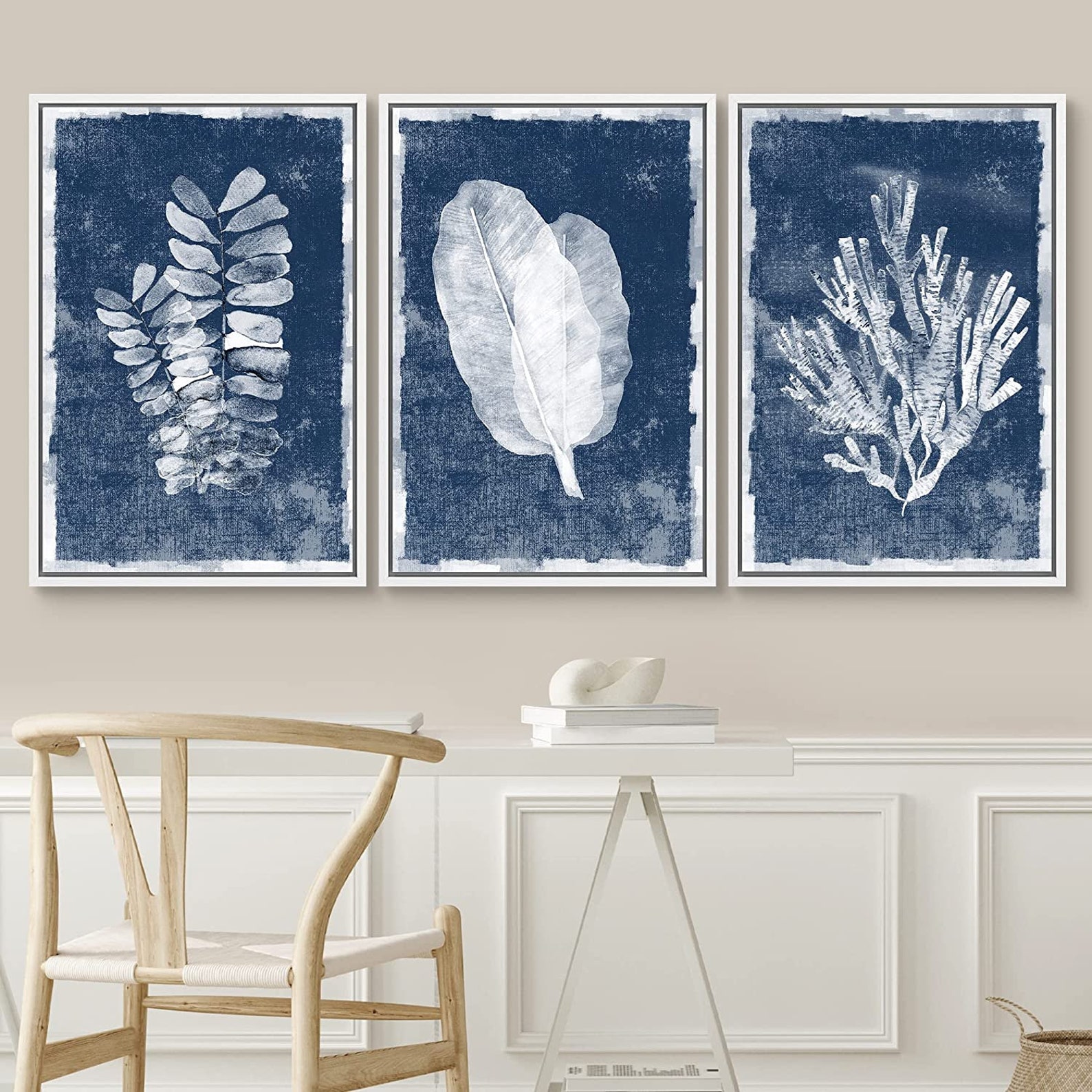 3 Piece Framed Canvas Wall Art Set Navy Blue Tropical Leaves Coastal ...