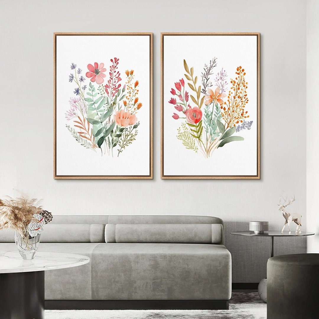 2 Piece Framed Canvas Wall Art Set, Watercolor Wildflower Art Print ...