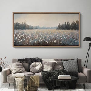 Large Rustic Wildflower Meadow Print, Framed Canvas Countryside Landscape Art, Nature Floral Field Botanical Artwork, Farmhouse Home Decor