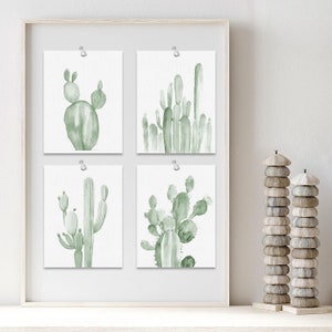 Set of 4 Framed Prints Wall Art Set, Green Southwest Desert Cactus Prins, Floral Botanical Prints, Minimalist Modern Art, Western Decor Unframed