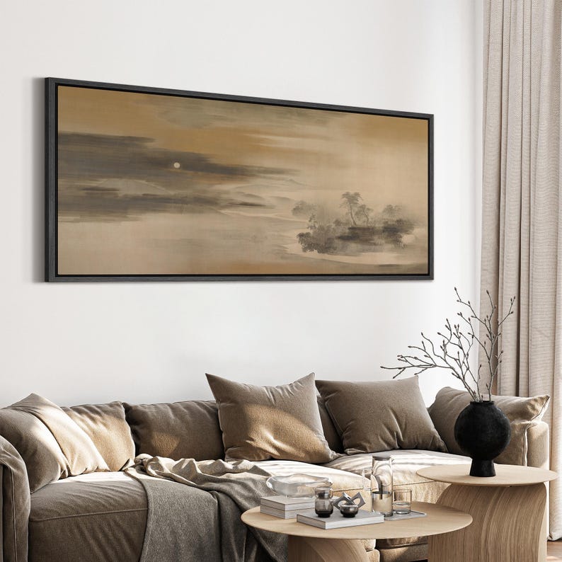 Neutral Asian Landscape Wall Art, Large Framed Minimalist Ink Wash ...