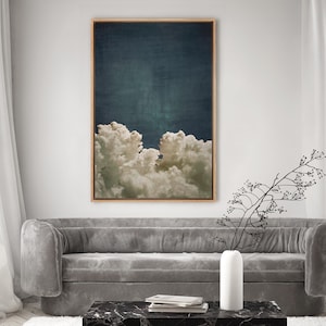 Moody Cloudscape Wall Art - Framed Navy Blue Sky Canvas, Night Sky Cloud Print, Vintage Atmospheric Nature Artwork, Bedroom Decor