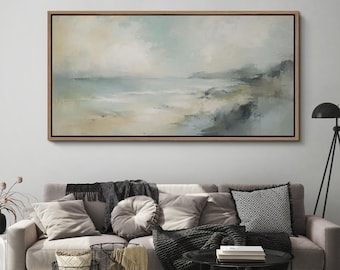 Large Abstract Coastal Seascape Framed Wall Art, Soft Ocean Canvas Print, Misty Shoreline Artwork, Beach House Living Room Decor