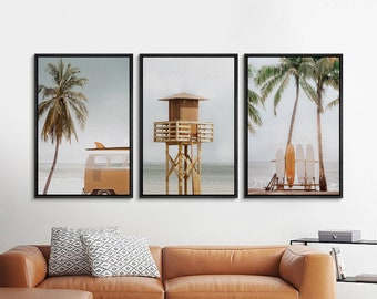 Framed Canvas Wall Art Set of 3 Tropical Palm Tree Beach Lifeguard