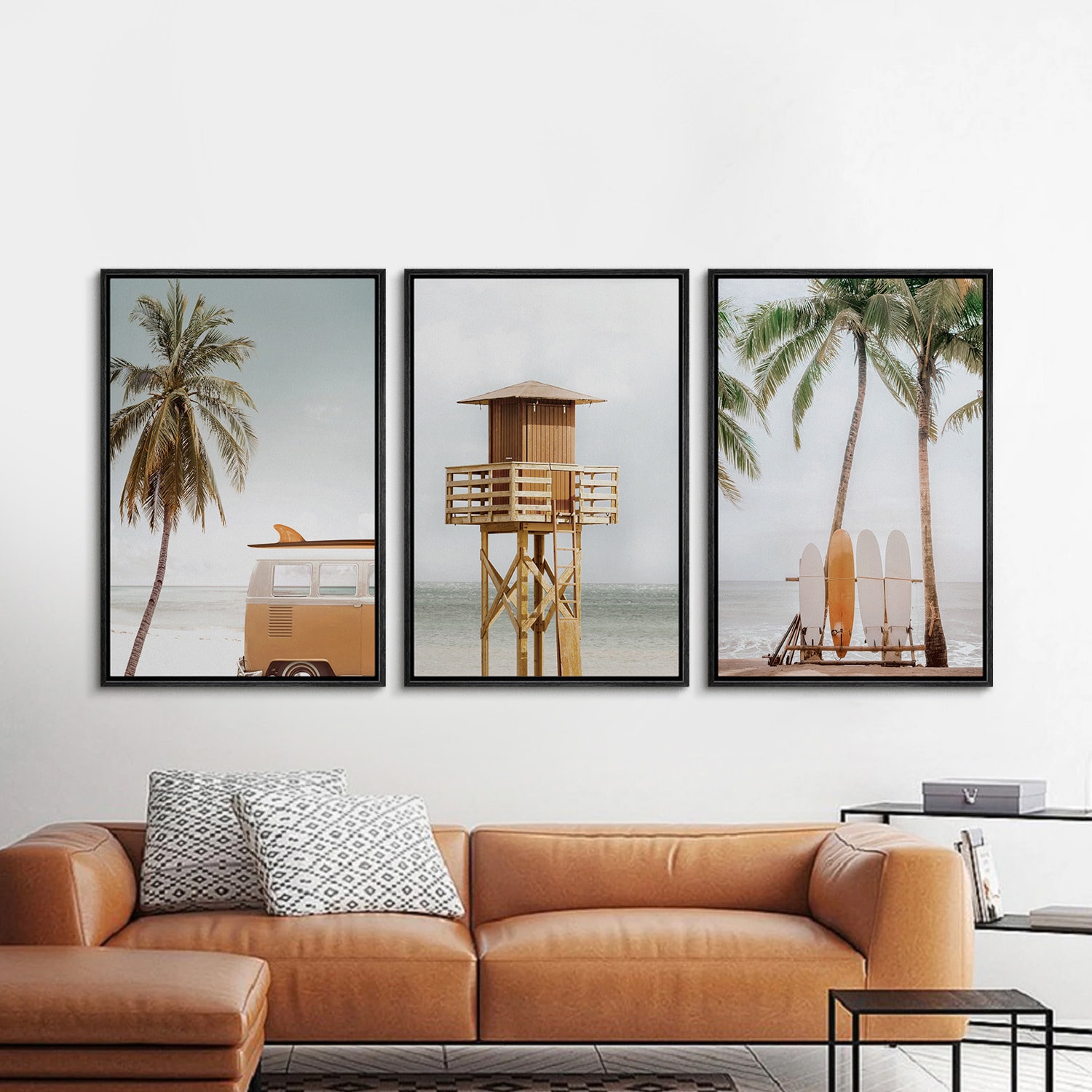 Framed Canvas Wall Art Set of 3 Tropical Palm Tree Beach Lifeguard