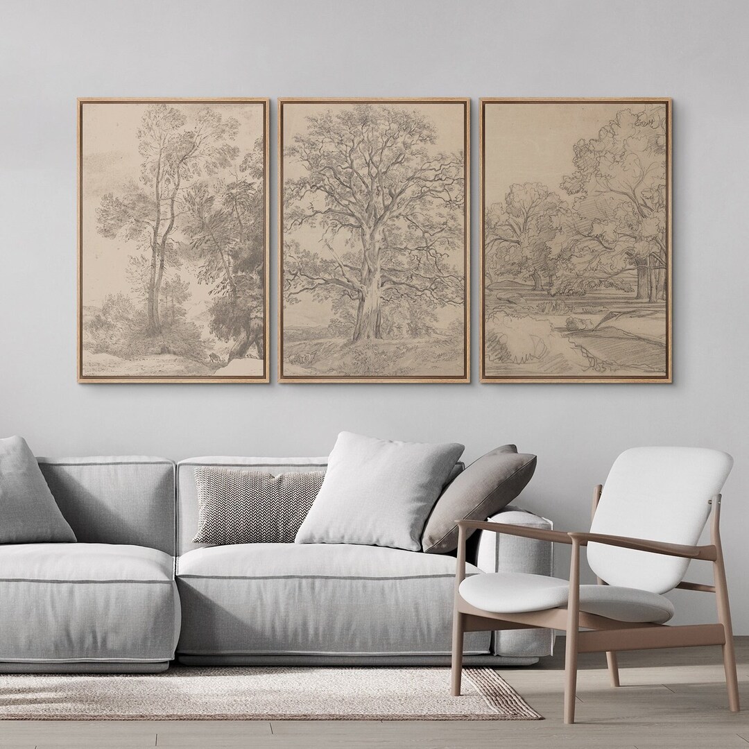 Tinonedraw Boho Mountain Framed Canvas Wall Art Set, Mid Century Modern Geometric Line Wall Decor, Bohemian Sun And Moon Art Paintings