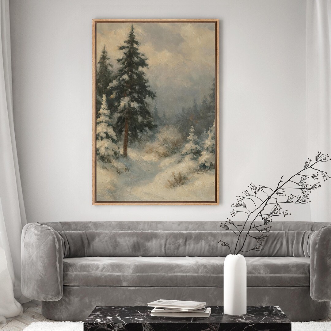 Framed Snowy Pine Tree Forest Wall Art, Winter Landscape Path Canvas ...