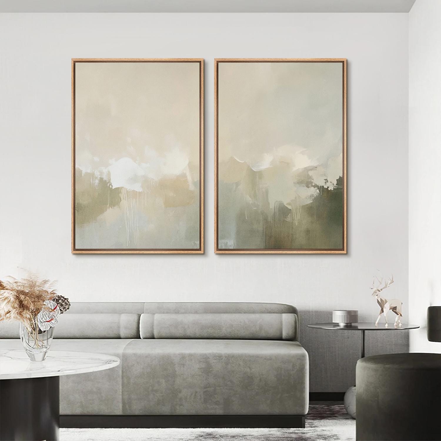 Minimalist Triptych Wall Art - Set of 3 Framed Beige & Sage Canvas ...