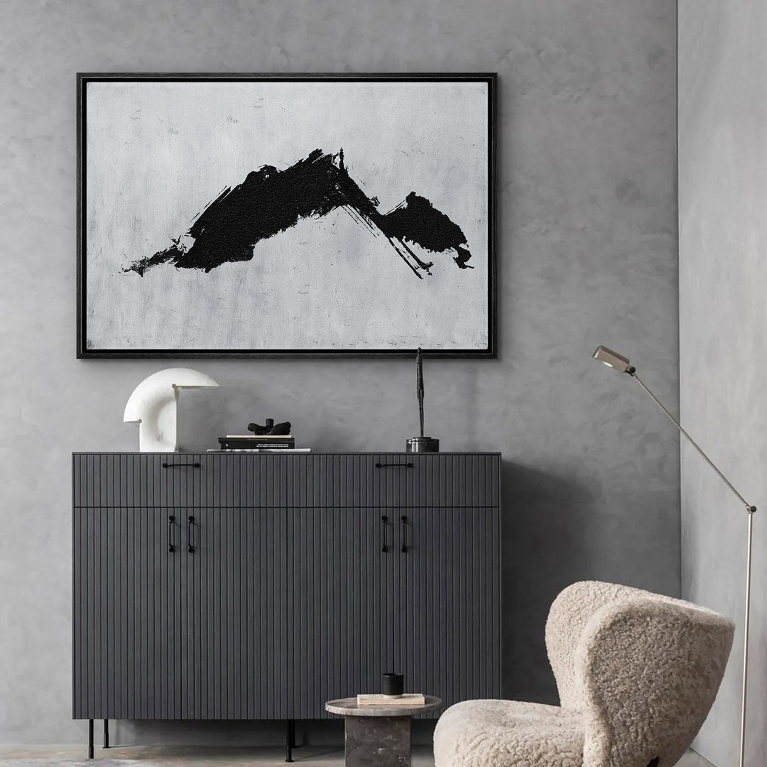 Framed Canvas Wall Art, Black and Gray Duotone Mountain Range, Abstract
