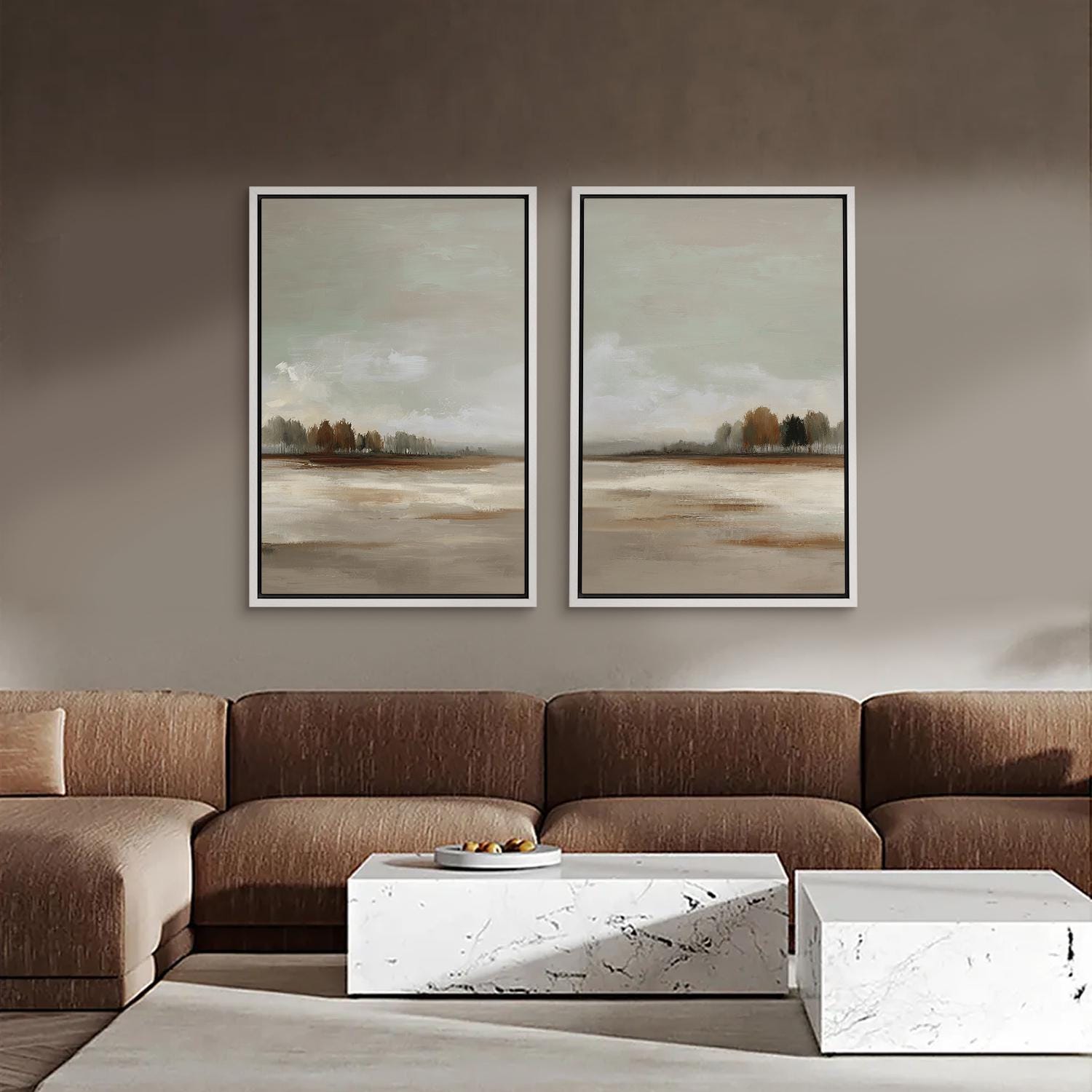 Framed Neutral Landscape Wall Art Set of 2, Soft Meadow Horizon Canvas ...