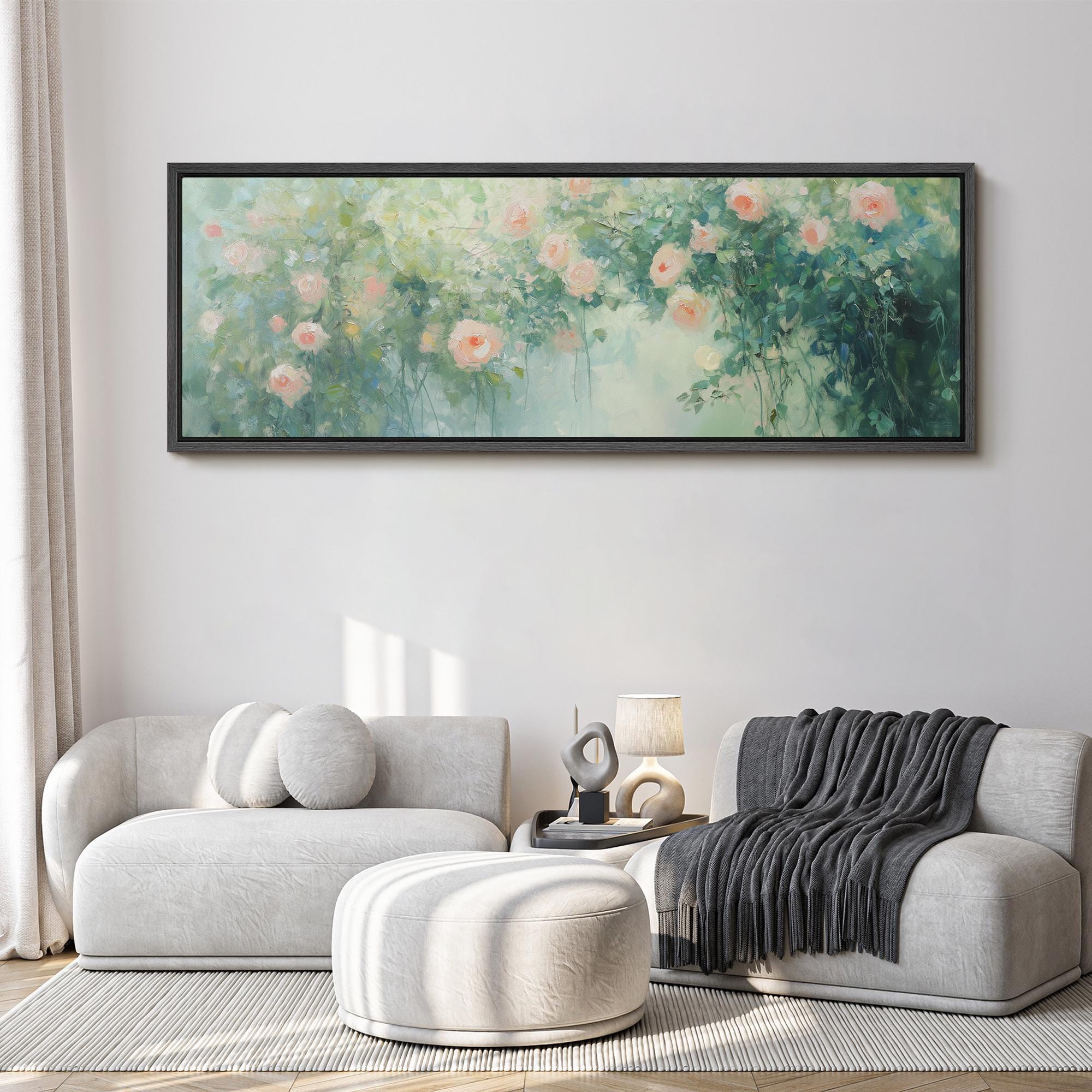 Large Romantic Rose Garden Painting Print, Framed Canvas Elegant Floral ...