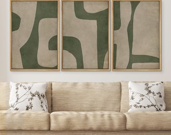 3 Pieces Framed Canvas Wall Art Prints Abstract Beige Green Geometric Line Art Print Minimalist Modern Neutral Wall Decor