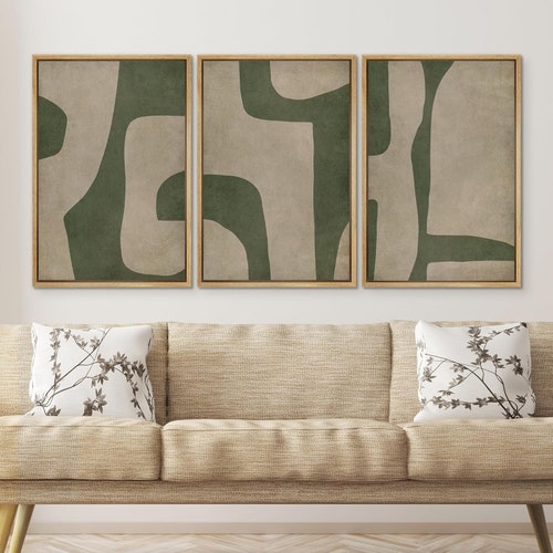 3 pièces encadrées, impression d'art mural sur toile, abstrait beige vert, impression d'art géométrique au trait, minimaliste moderne, décoration murale neutre