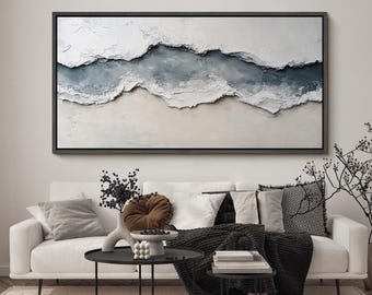 Large Abstract Ocean Wave Print, Framed Canvas Art, Neutral Abstract Print, Blue & White Seascape Artwork, Modern Beach Decor, No Textured