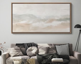 Arte mural de paisaje abstracto neutro: impresión en lienzo grande enmarcada, pintura minimalista de horizonte en beige y verde salvia para dormitorio u oficina modernos.