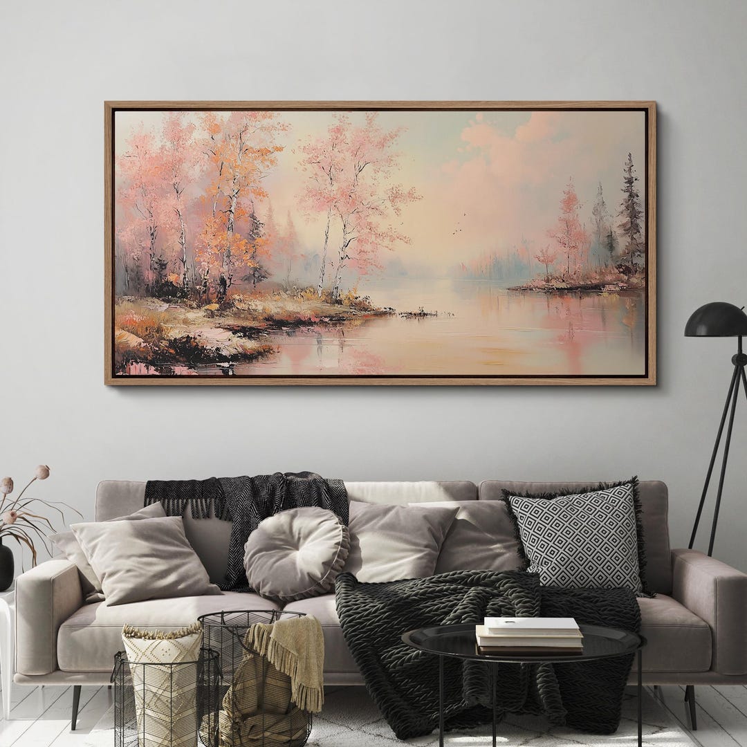 Large Framed Pastel Lake Landscape Wall Art, Soft Pink Autumn Trees ...
