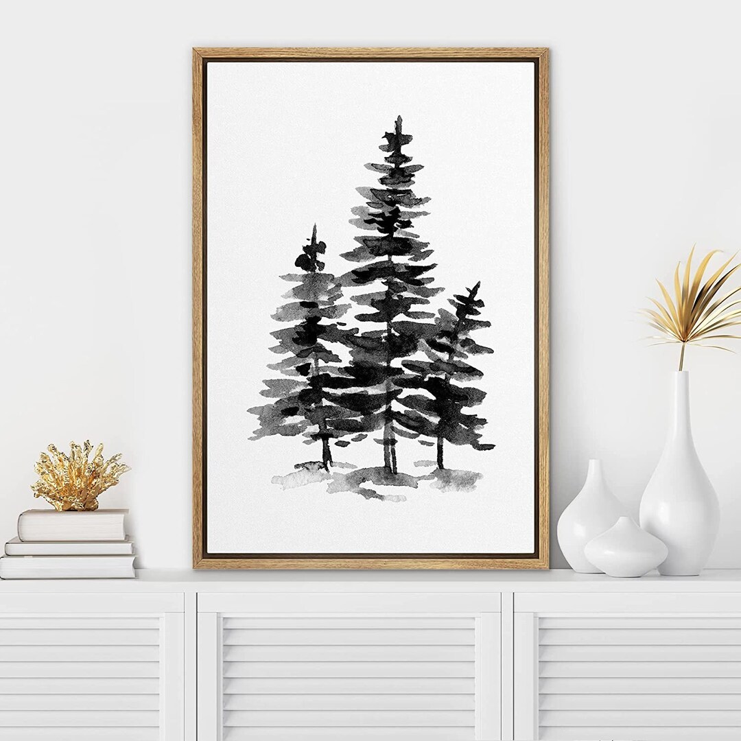 Framed Canvas Wall Art, Black and White Pine Tree Print, Modern Wall ...