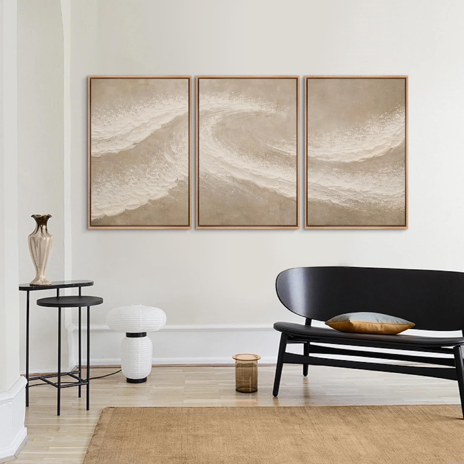 Framed Neutral Abstract Wave Wall Art Set of 3, Minimal Coastal Canvas ...