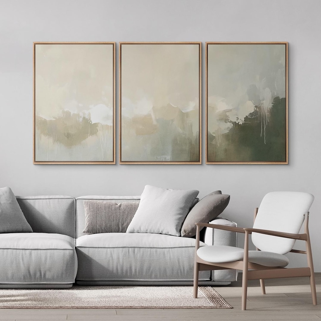 Minimalist Triptych Wall Art - Set of 3 Framed Beige & Sage Canvas ...