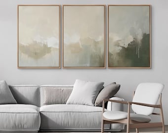 Minimalist Triptych Wall Art - Set of 3 Framed Beige & Sage Canvas Prints, Abstract Neutral Decor for Modern Living Room or Bedroom