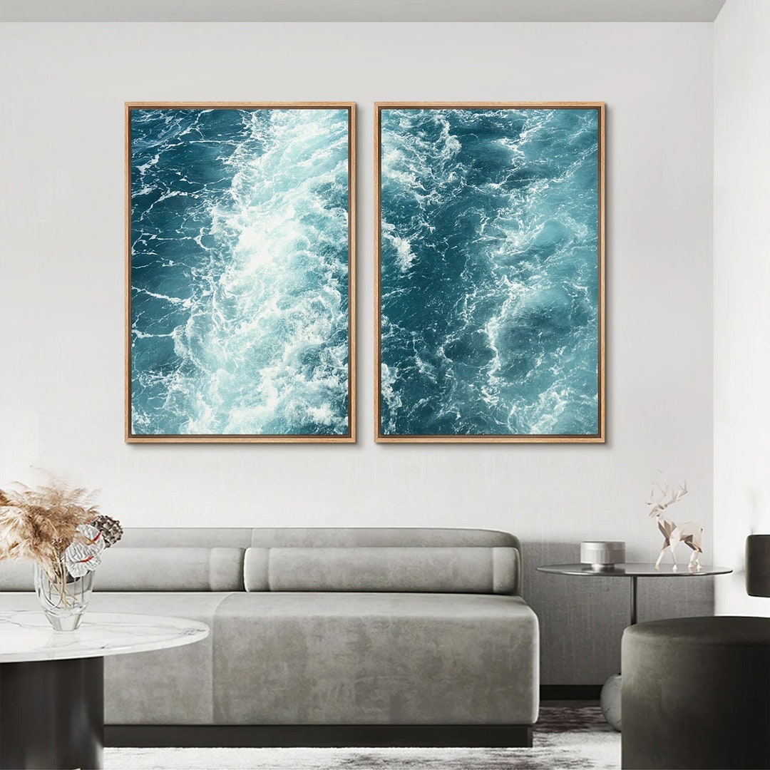 Framed Canvas Wall Art Set of 2 Blue Ocean Wave Seascape Photography ...